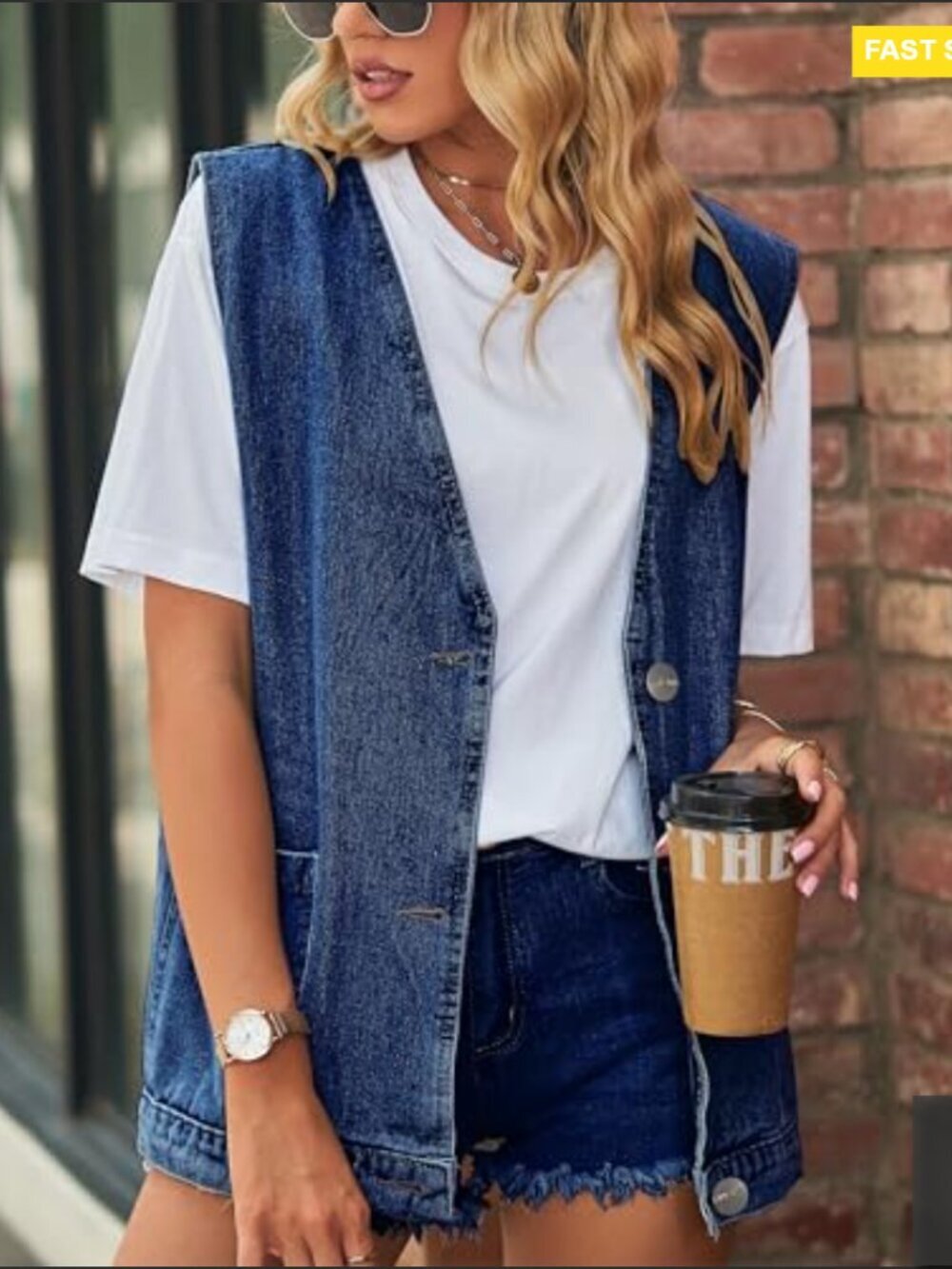 Oversized Denim Vest Sleeveless Button Down Casual Retro Y2K Waistcoat - Picture 5 of 6
